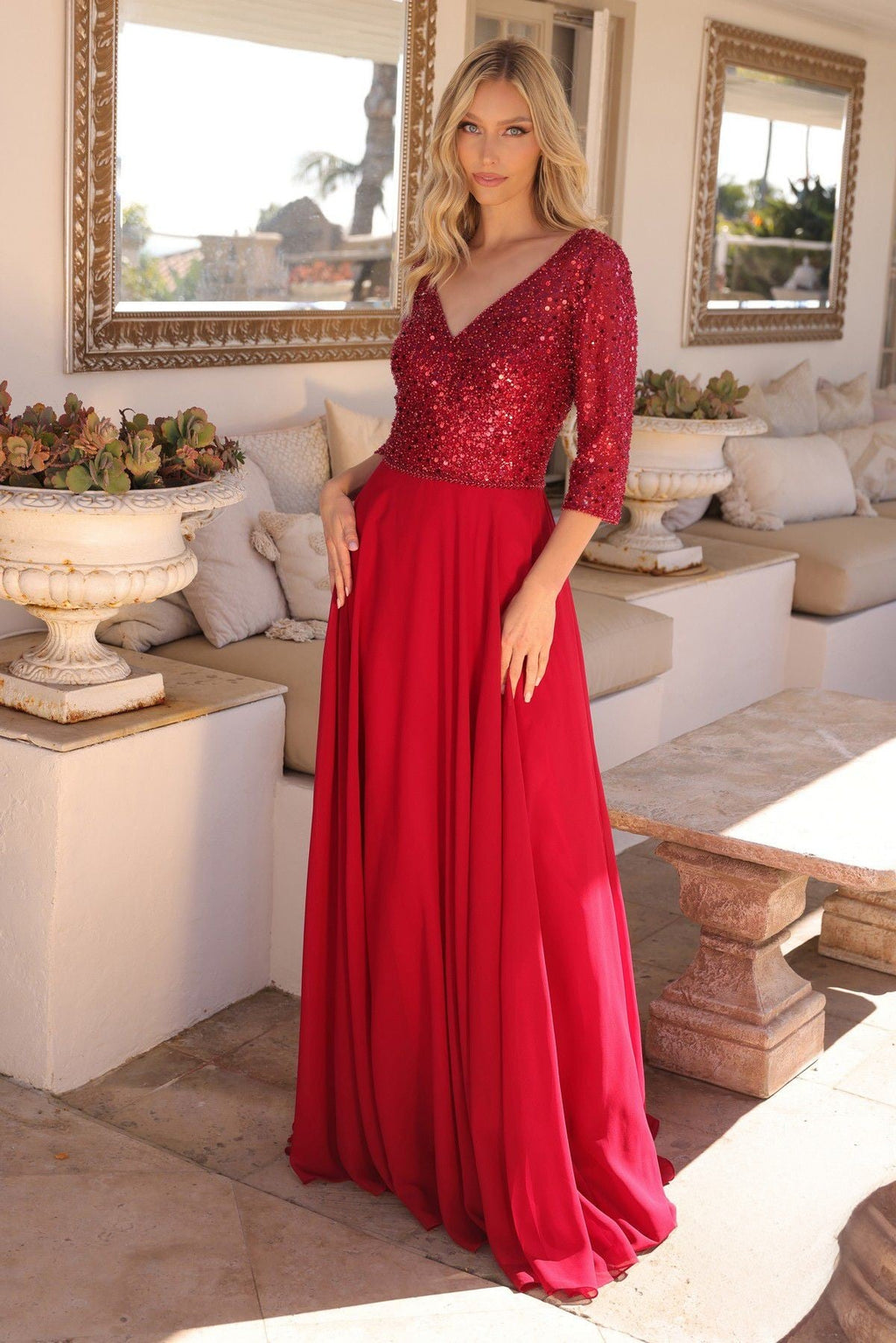 Sequins Embellihsed Long Mother Of Bride Gown w/ 3/4 Sleevess & V-Neckline NXMF103