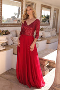 Sequins Embellihsed Long Mother Of Bride Gown w/ 3/4 Sleevess & V-Neckline NXMF103