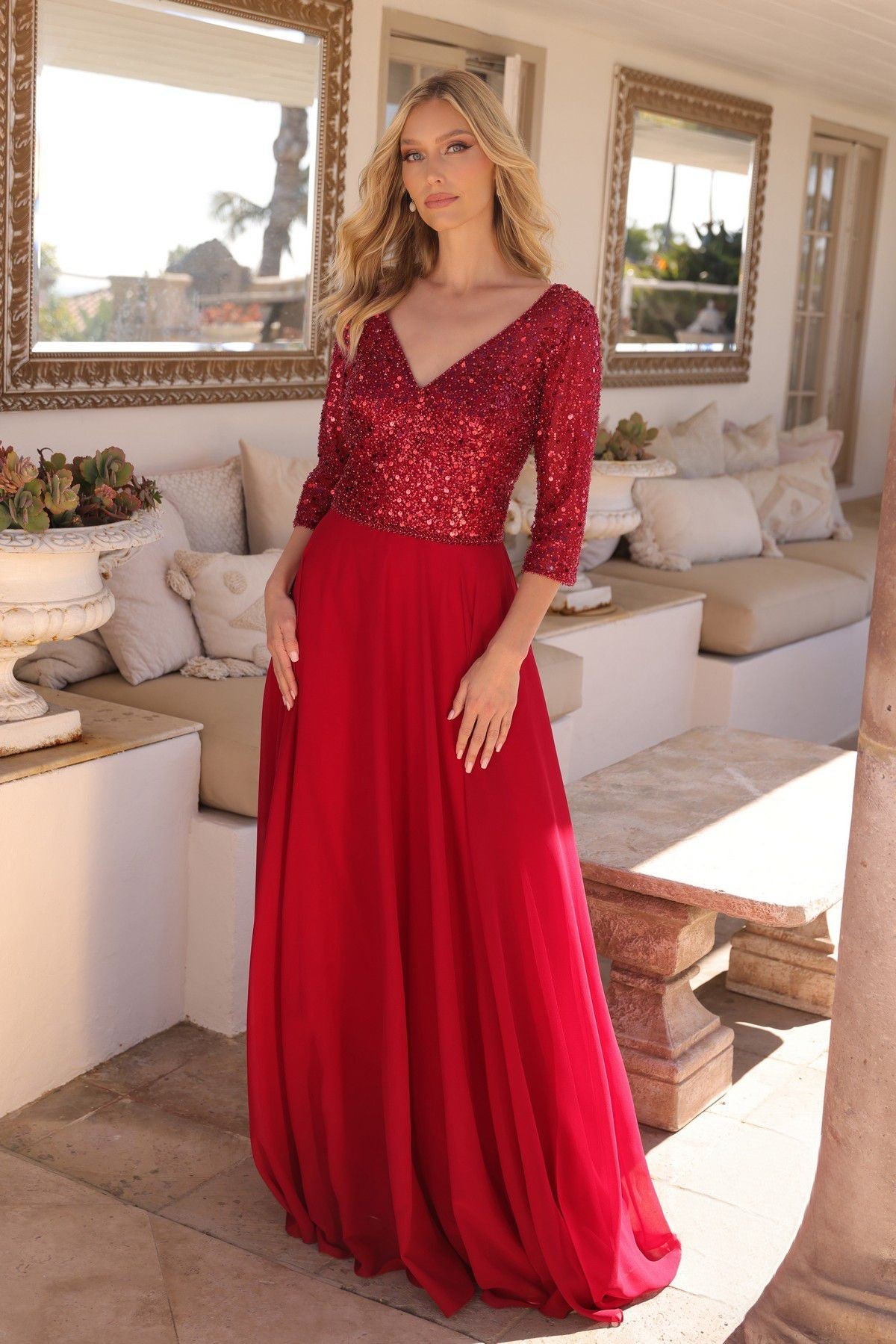 Sequins Embellihsed Long Mother Of Bride Gown w/ 3/4 Sleevess & V-Neckline NXMF103