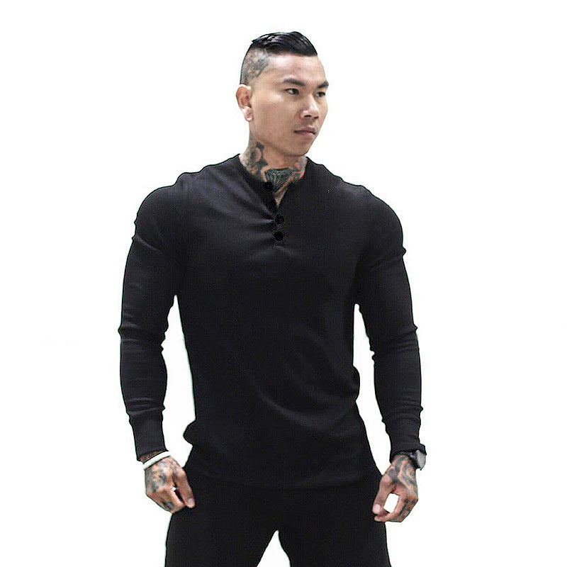 Muscle Fitness Men's Spring and Autumn Sports Leisure Running Breathable Sweat Absorbing Stretch Long Sleeve Button V Henry T-Shirt