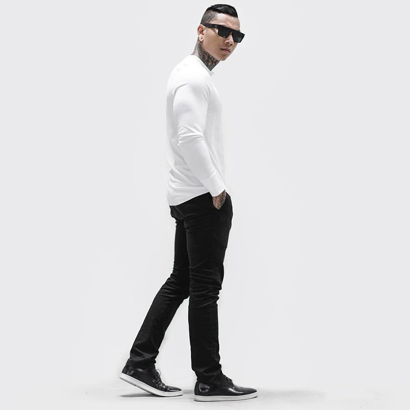Muscle Fitness Men's Spring and Autumn Sports Leisure Running Breathable Sweat Absorbing Stretch Long Sleeve Button V Henry T-Shirt
