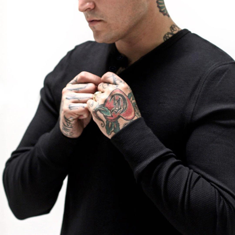 Muscle Fitness Men's Spring and Autumn Sports Leisure Running Breathable Sweat Absorbing Stretch Long Sleeve Button V Henry T-Shirt