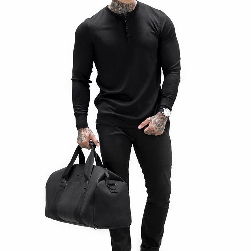 Muscle Fitness Men's Spring and Autumn Sports Leisure Running Breathable Sweat Absorbing Stretch Long Sleeve Button V Henry T-Shirt