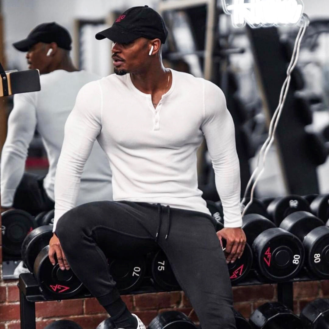 Muscle Fitness Men's Spring and Autumn Sports Leisure Running Breathable Sweat Absorbing Stretch Long Sleeve Button V Henry T-Shirt