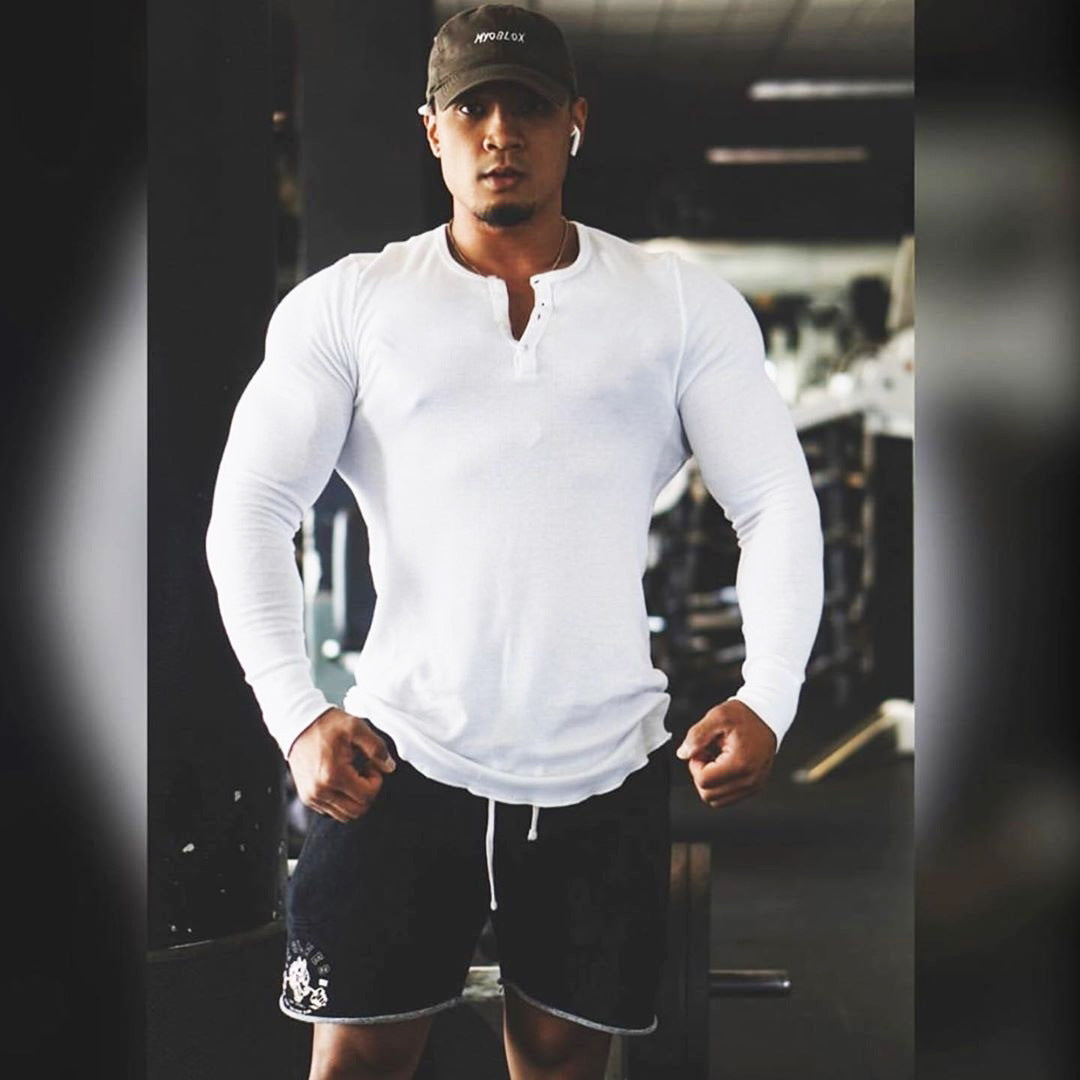 Muscle Fitness Men's Spring and Autumn Sports Leisure Running Breathable Sweat Absorbing Stretch Long Sleeve Button V Henry T-Shirt
