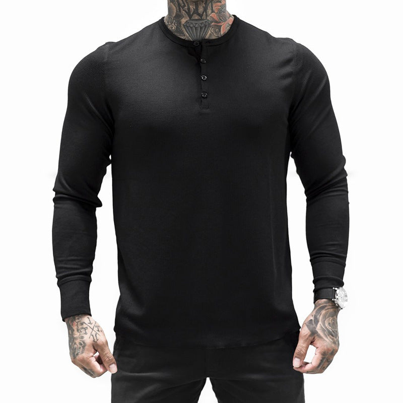 Muscle Fitness Men's Spring and Autumn Sports Leisure Running Breathable Sweat Absorbing Stretch Long Sleeve Button V Henry T-Shirt