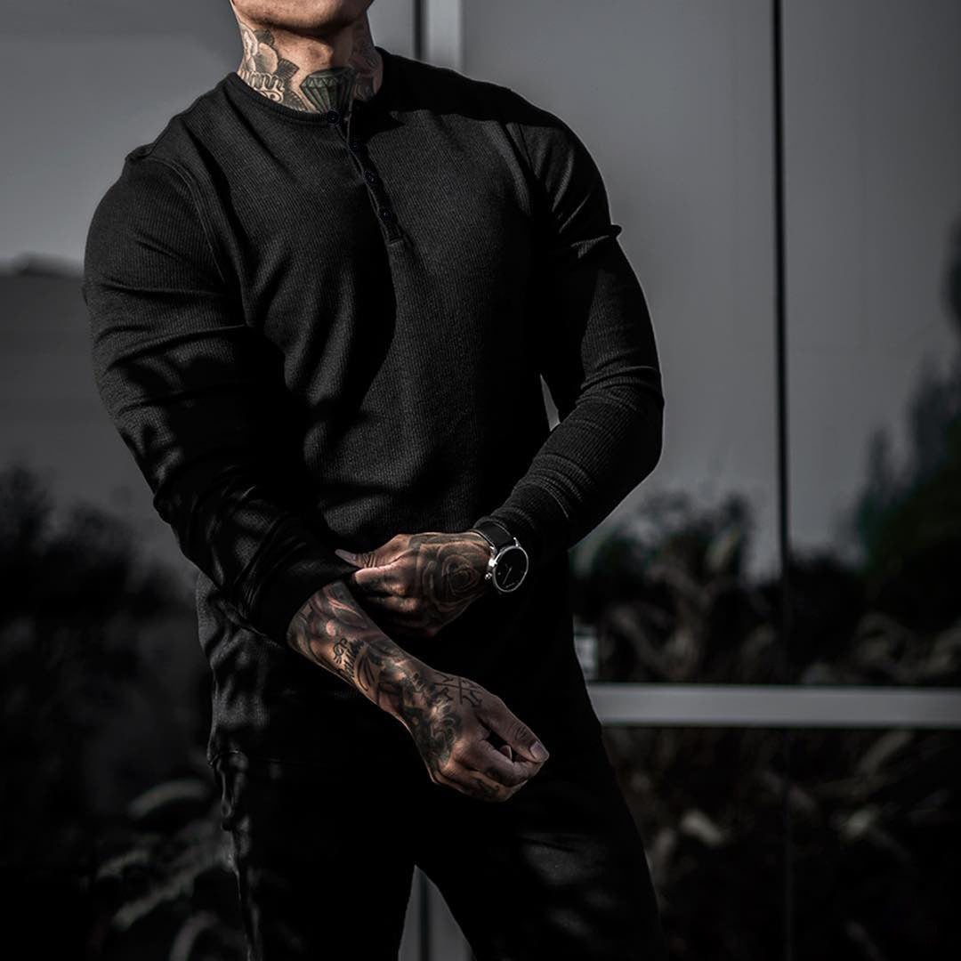 Muscle Fitness Men's Spring and Autumn Sports Leisure Running Breathable Sweat Absorbing Stretch Long Sleeve Button V Henry T-Shirt