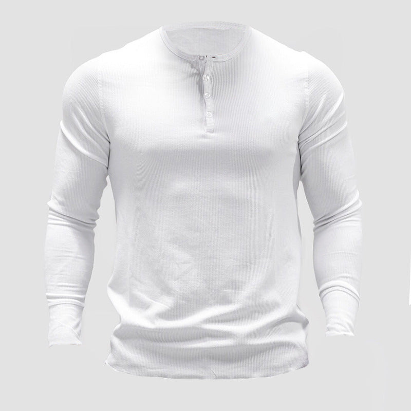 Muscle Fitness Men's Spring and Autumn Sports Leisure Running Breathable Sweat Absorbing Stretch Long Sleeve Button V Henry T-Shirt