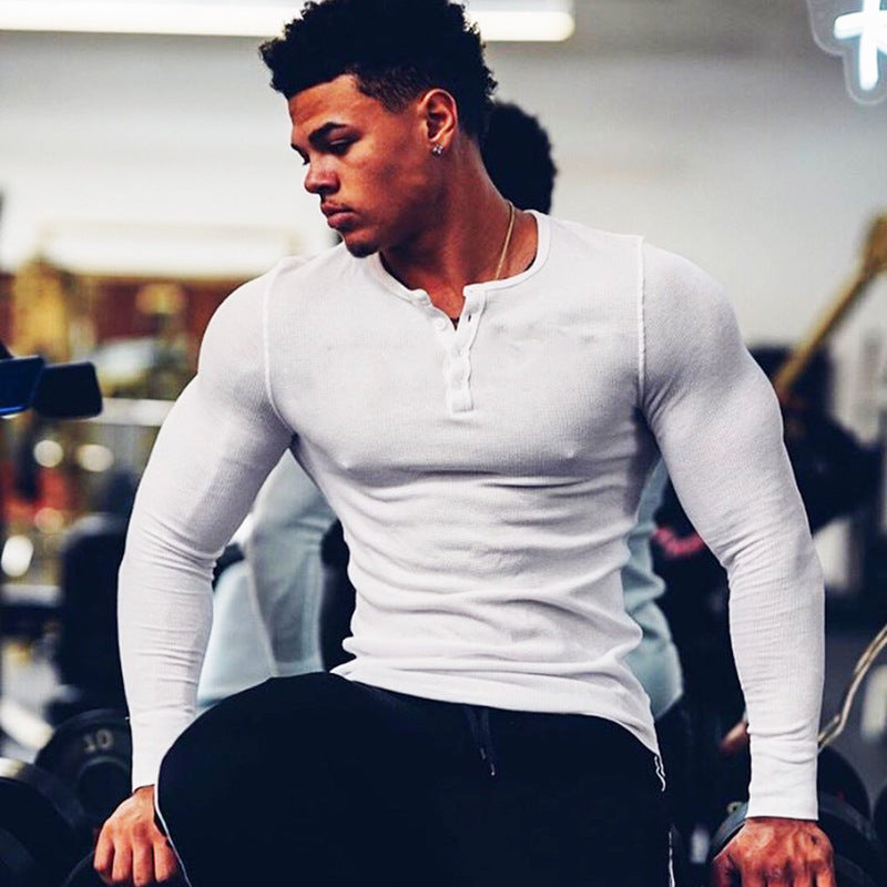 Muscle Fitness Men's Spring and Autumn Sports Leisure Running Breathable Sweat Absorbing Stretch Long Sleeve Button V Henry T-Shirt