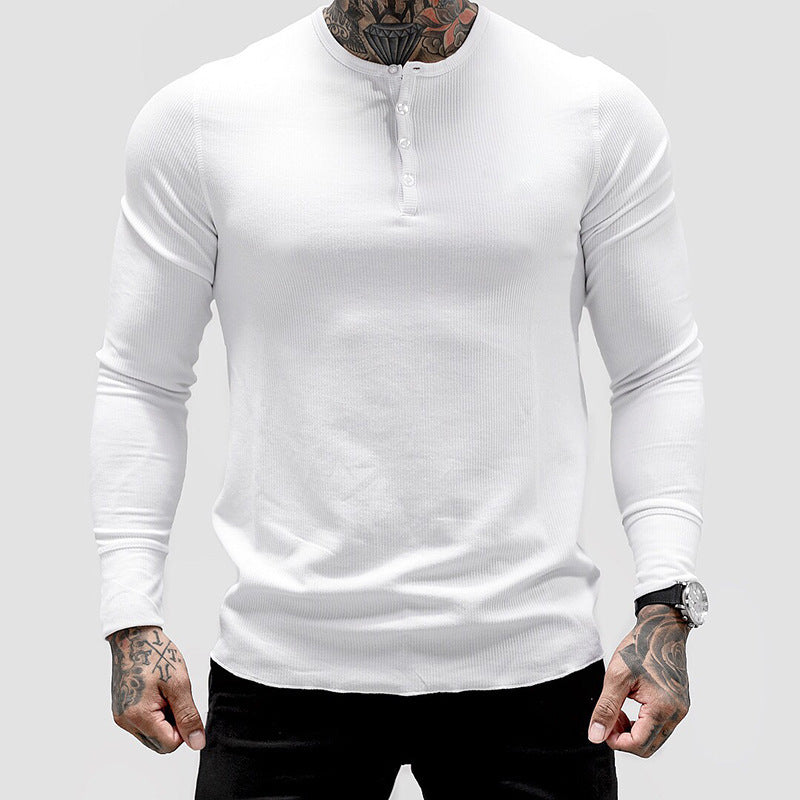 Muscle Fitness Men's Spring and Autumn Sports Leisure Running Breathable Sweat Absorbing Stretch Long Sleeve Button V Henry T-Shirt