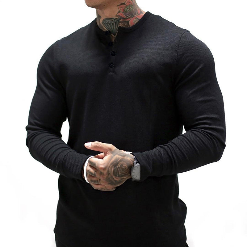Muscle Fitness Men's Spring and Autumn Sports Leisure Running Breathable Sweat Absorbing Stretch Long Sleeve Button V Henry T-Shirt