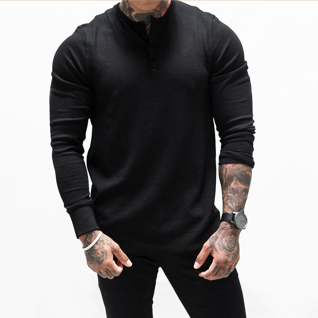 Muscle Fitness Men's Spring and Autumn Sports Leisure Running Breathable Sweat Absorbing Stretch Long Sleeve Button V Henry T-Shirt