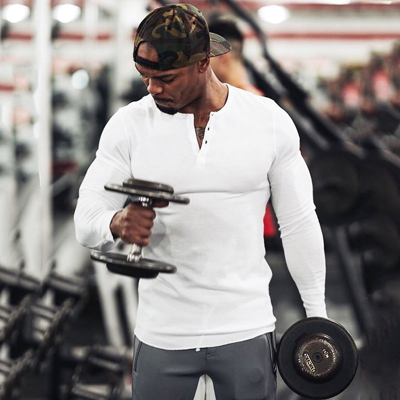 Muscle Fitness Men's Spring and Autumn Sports Leisure Running Breathable Sweat Absorbing Stretch Long Sleeve Button V Henry T-Shirt