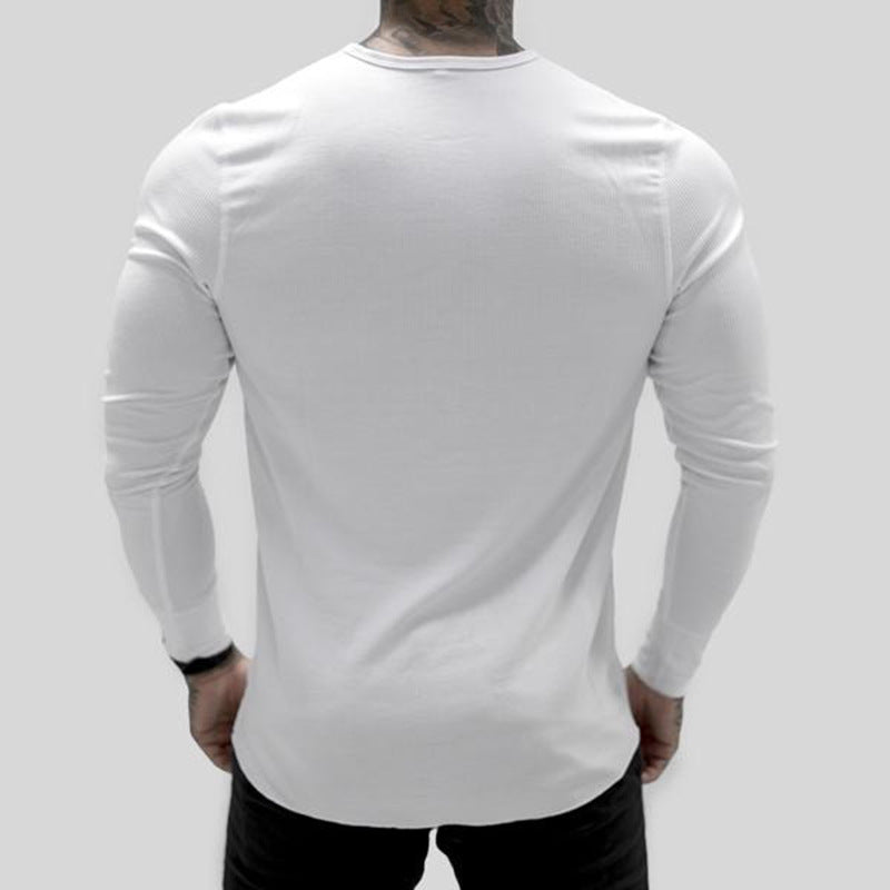 Muscle Fitness Men's Spring and Autumn Sports Leisure Running Breathable Sweat Absorbing Stretch Long Sleeve Button V Henry T-Shirt