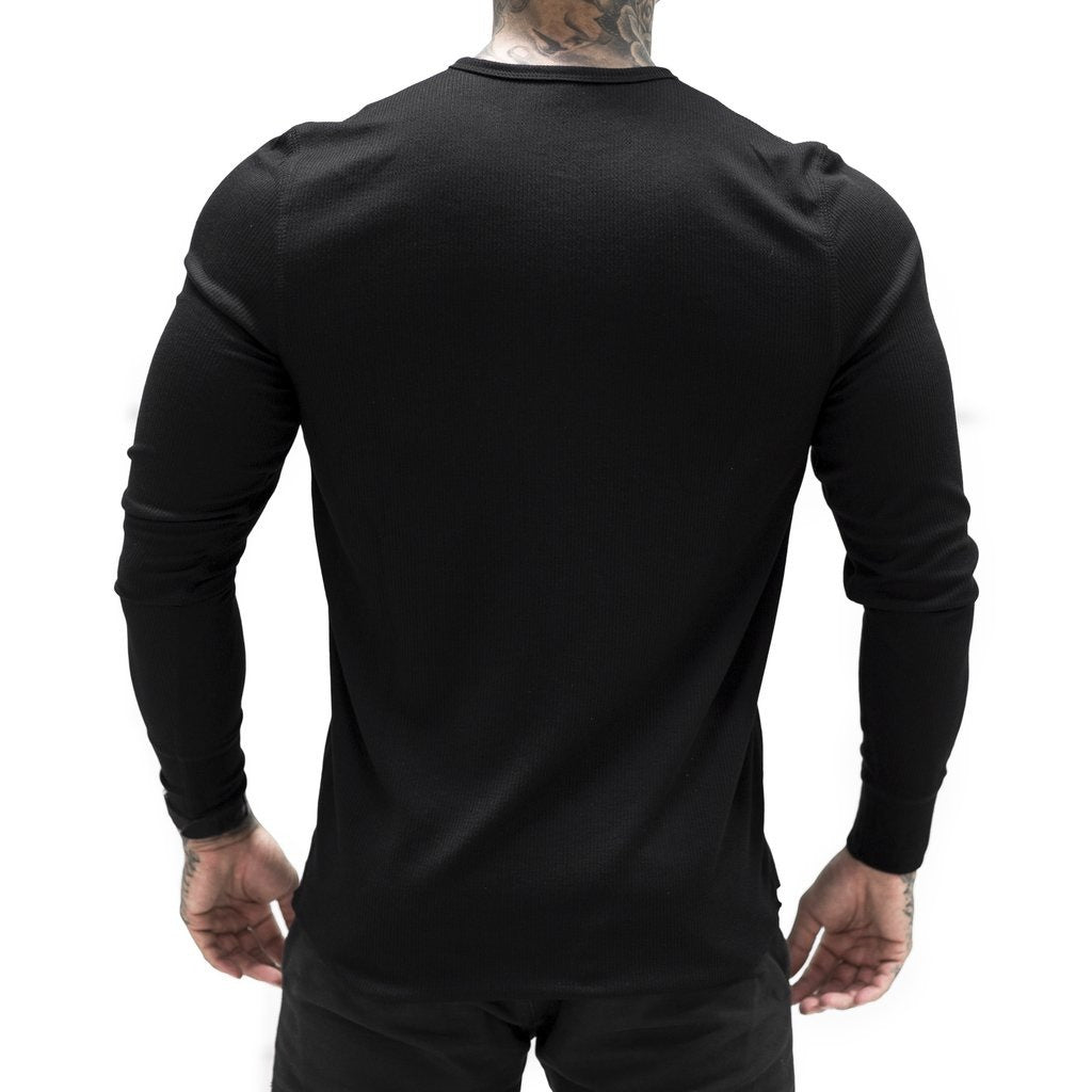 Muscle Fitness Men's Spring and Autumn Sports Leisure Running Breathable Sweat Absorbing Stretch Long Sleeve Button V Henry T-Shirt