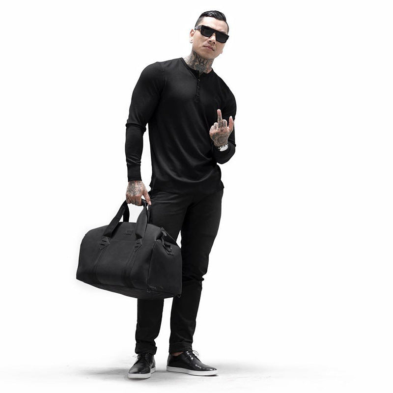 Muscle Fitness Men's Spring and Autumn Sports Leisure Running Breathable Sweat Absorbing Stretch Long Sleeve Button V Henry T-Shirt