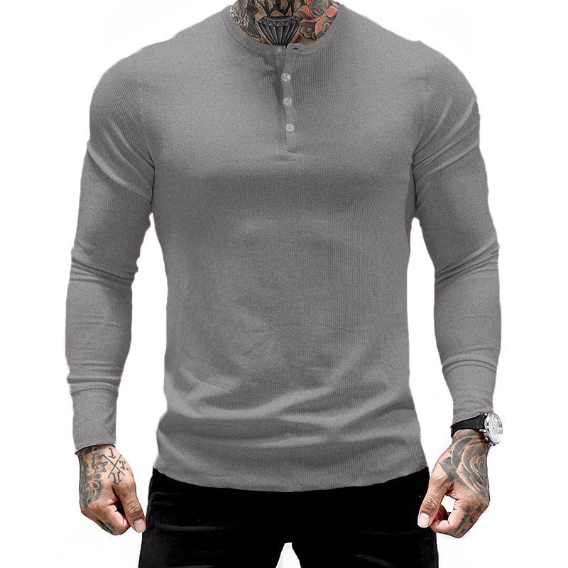 Muscle Fitness Men's Spring and Autumn Sports Leisure Running Breathable Sweat Absorbing Stretch Long Sleeve Button V Henry T-Shirt