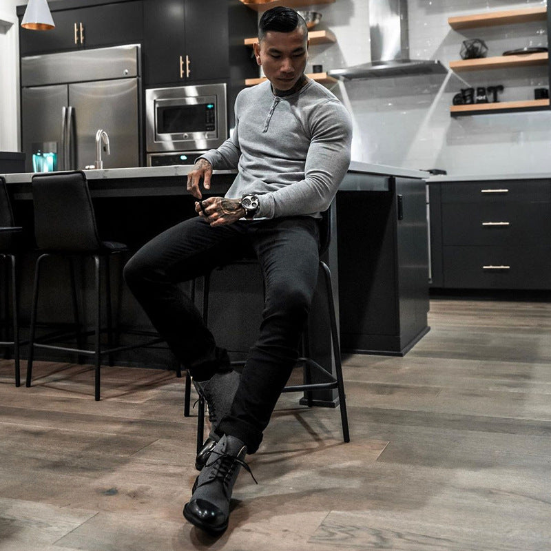 Muscle Fitness Men's Spring and Autumn Sports Leisure Running Breathable Sweat Absorbing Stretch Long Sleeve Button V Henry T-Shirt