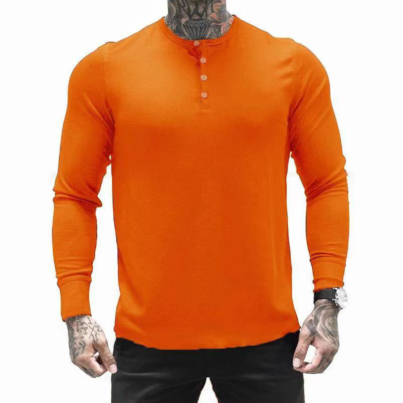 Muscle Fitness Men's Spring and Autumn Sports Leisure Running Breathable Sweat Absorbing Stretch Long Sleeve Button V Henry T-Shirt