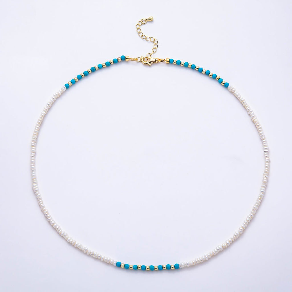 16K Gold Filled Turquoise & Freshwater Pearl Gemstone Necklace-0
