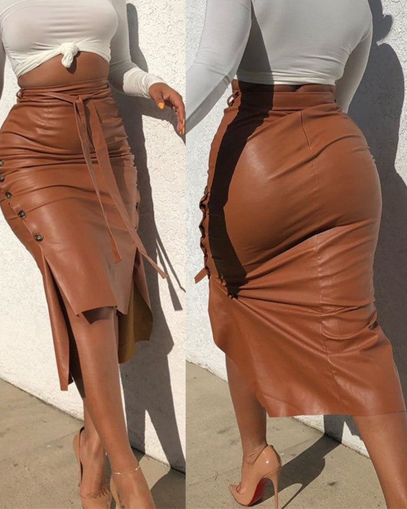 Women's PU leather skirt mid-length slim fit