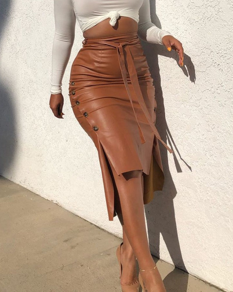 Women's PU leather skirt mid-length slim fit