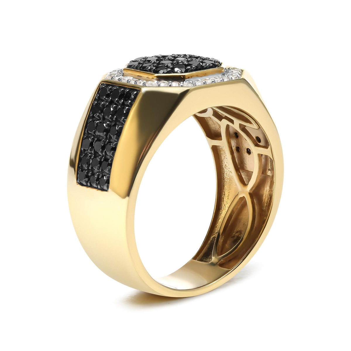 Men's 10K Yellow Gold 1 1/4 Cttw White and Treated Black Diamond Octagonal Halo Band Ring (I-J Color, I2-I3 Clarity)