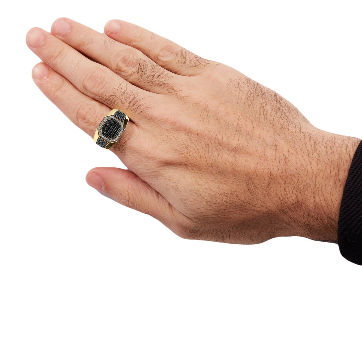 Men's 10K Yellow Gold 1 1/4 Cttw White and Treated Black Diamond Octagonal Halo Band Ring (I-J Color, I2-I3 Clarity)