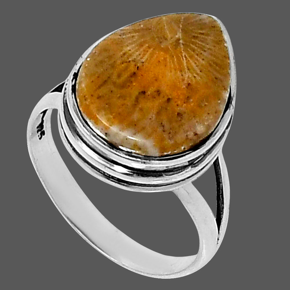 Premium Quality Flower Fossil Coral Ring size-7 R-1008 52-ER14201-2