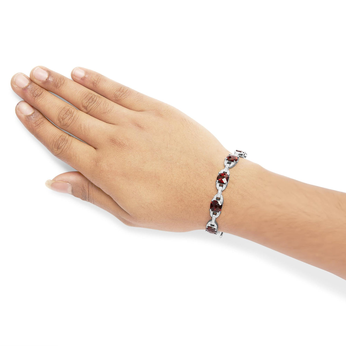 .925 Sterling Silver 7x7mm Checkered Cushion Red Garnet and Diamond Accent Fashion Tennis Link Bracelet (I-J Color, I1-I2 Clarity) - Size 7" Inch-2