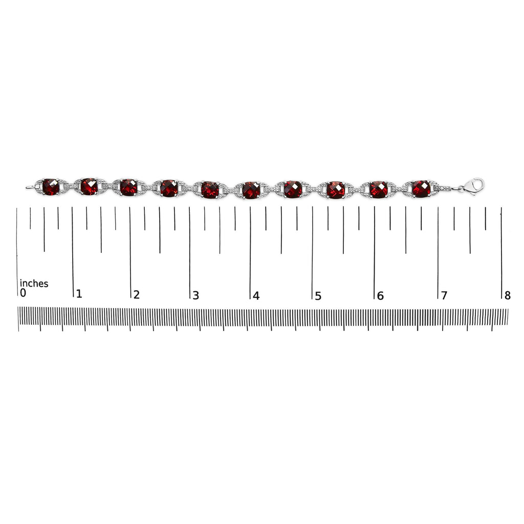 .925 Sterling Silver 7x7mm Checkered Cushion Red Garnet and Diamond Accent Fashion Tennis Link Bracelet (I-J Color, I1-I2 Clarity) - Size 7" Inch-4