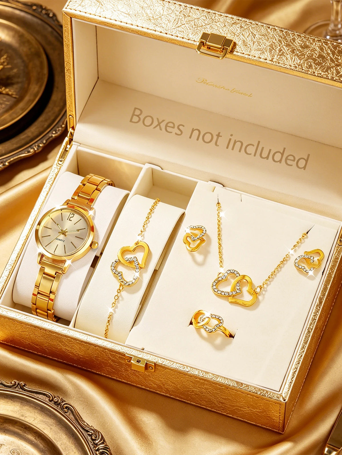 6-Piece Set, Women's Compact and Elegant Quartz Watch with a Heart-Shaped Bracelet, Necklace, Earrings, and Ring Set, Suitable for Daily Use, Workplace, Commuting, and as a Gift.