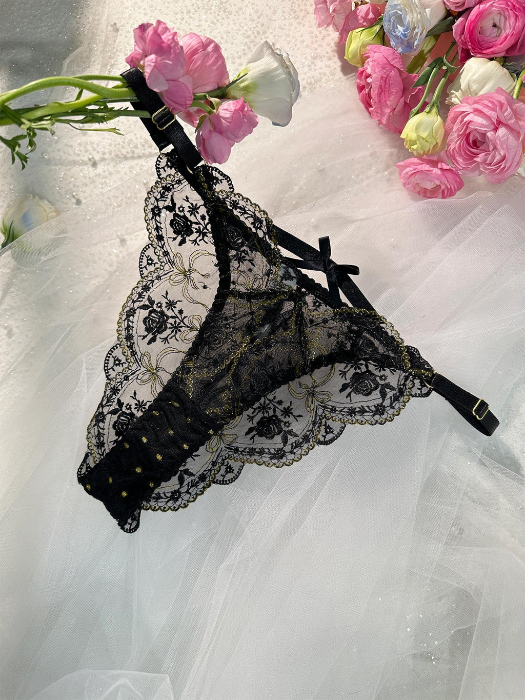 Black &Gold Embroidery Thong-1