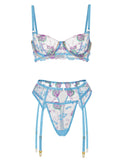 Blue Floral Embroidery Pearl Chain Lingerie Set-3