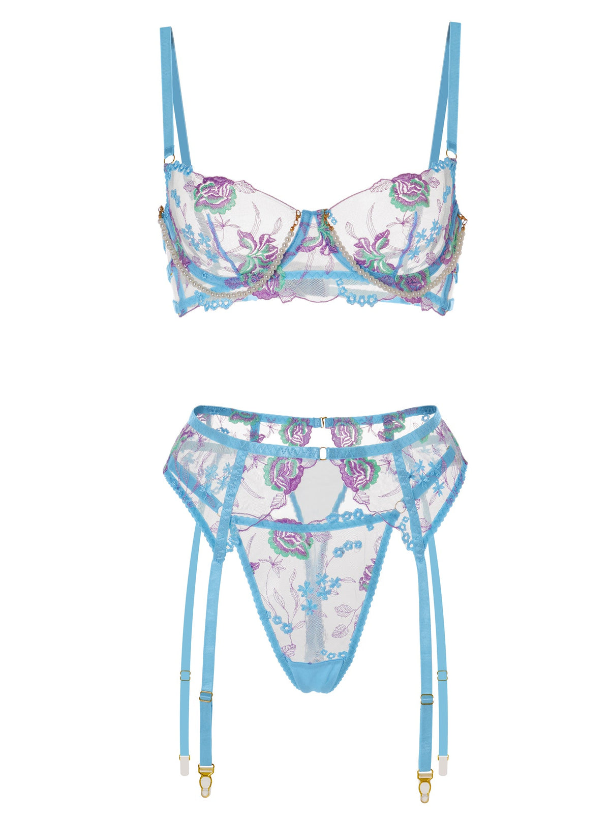 Blue Floral Embroidery Pearl Chain Lingerie Set-3