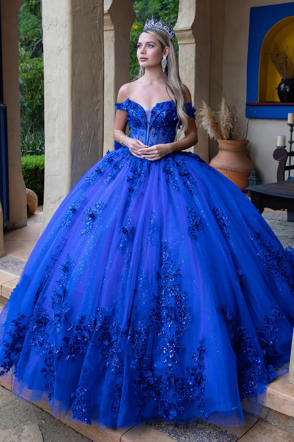 3d flower applique embellished off shoulder corset glitter underlayer dress with detachable back bow GLGL3521-0