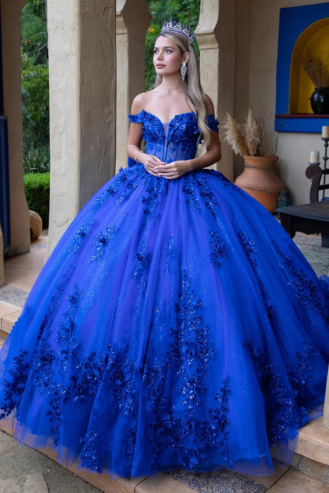 3d flower applique embellished off shoulder corset glitter underlayer dress with detachable back bow GLGL3521-0