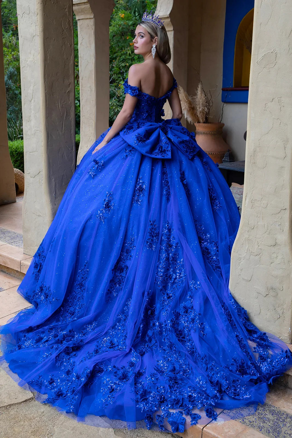 3d flower applique embellished off shoulder corset glitter underlayer dress with detachable back bow GLGL3521-1
