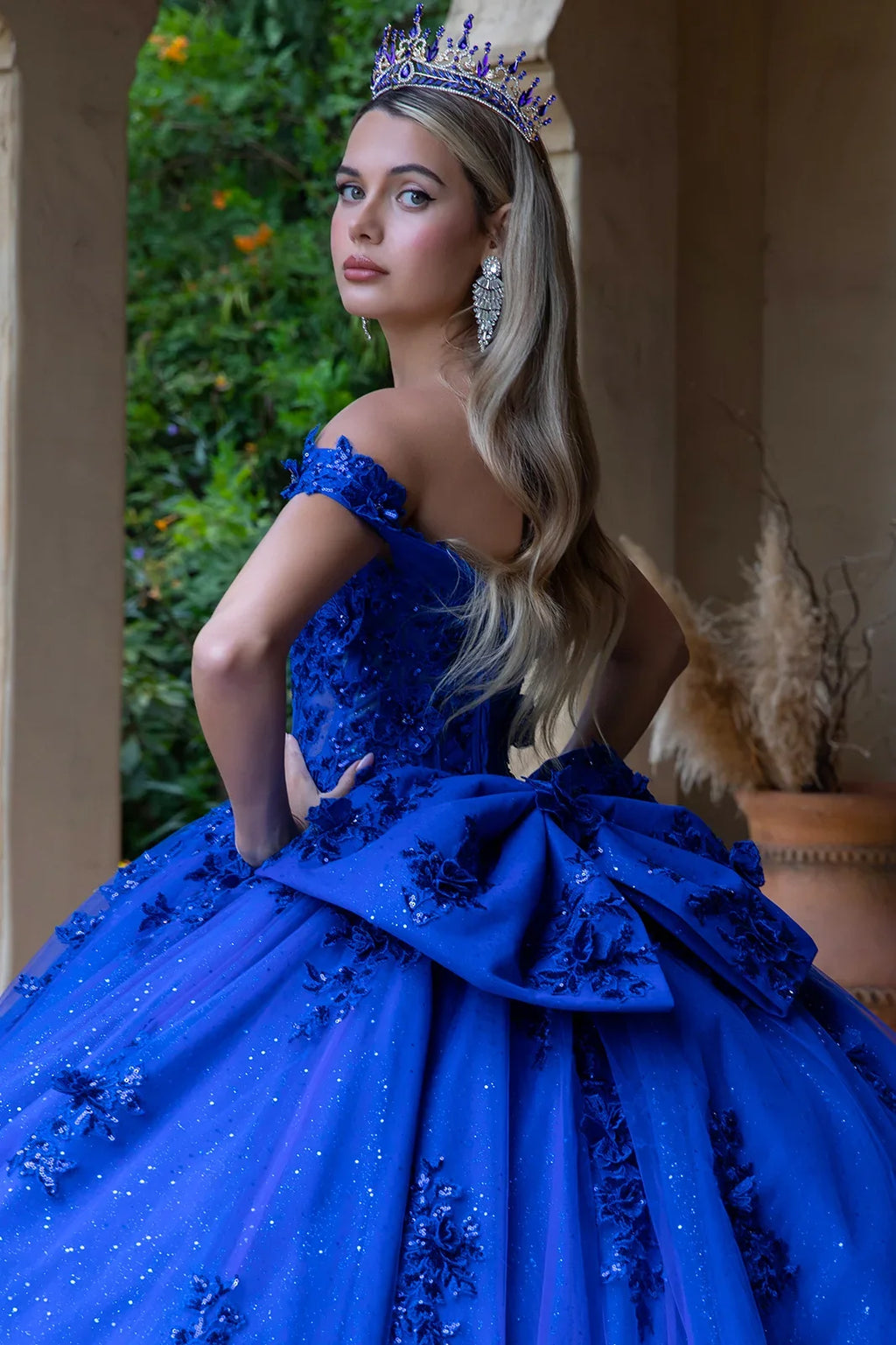 3d flower applique embellished off shoulder corset glitter underlayer dress with detachable back bow GLGL3521-3