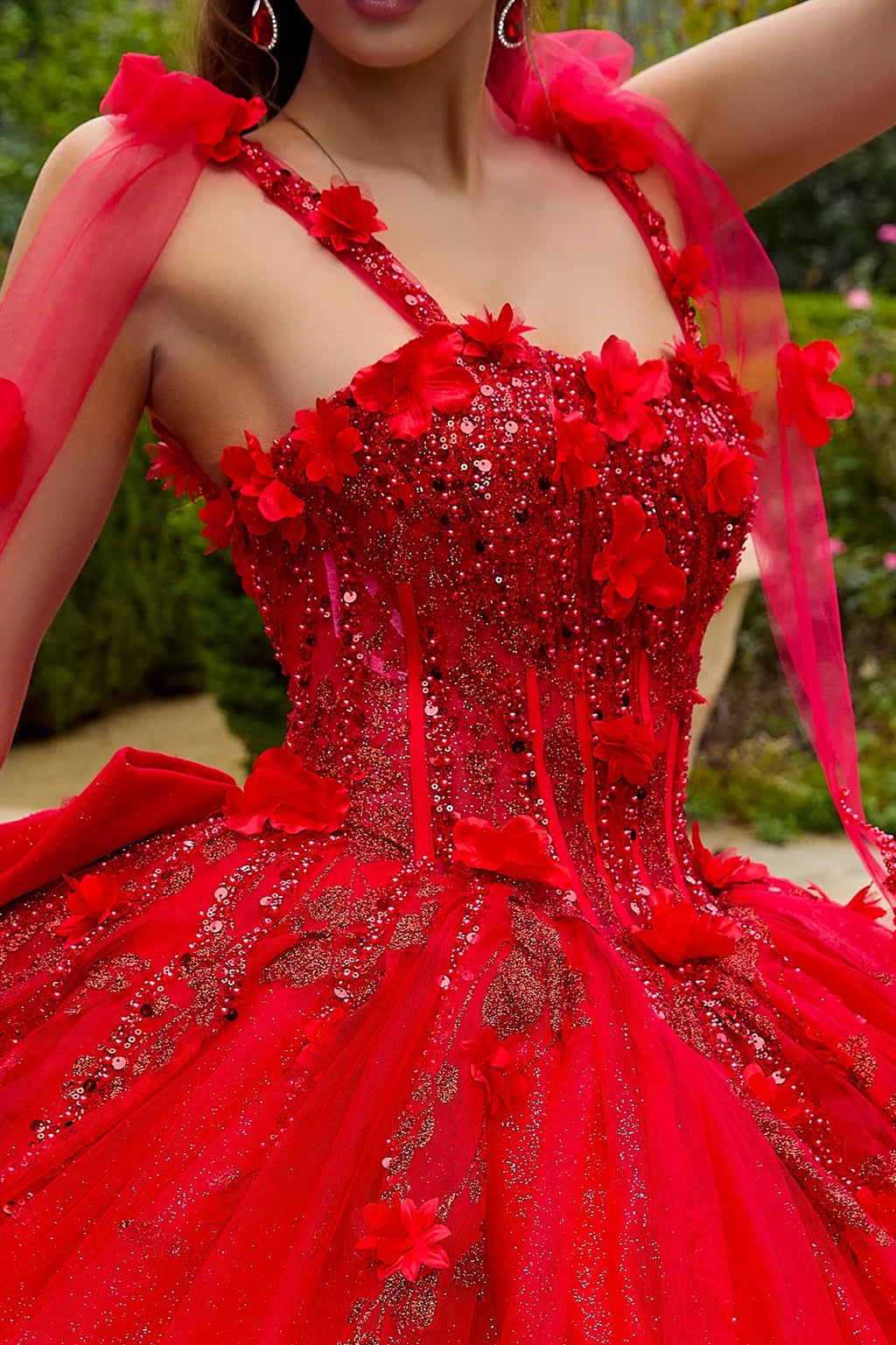 3d flower applique embellished tie shoulder strap dress with detachable back bow GLGL3529