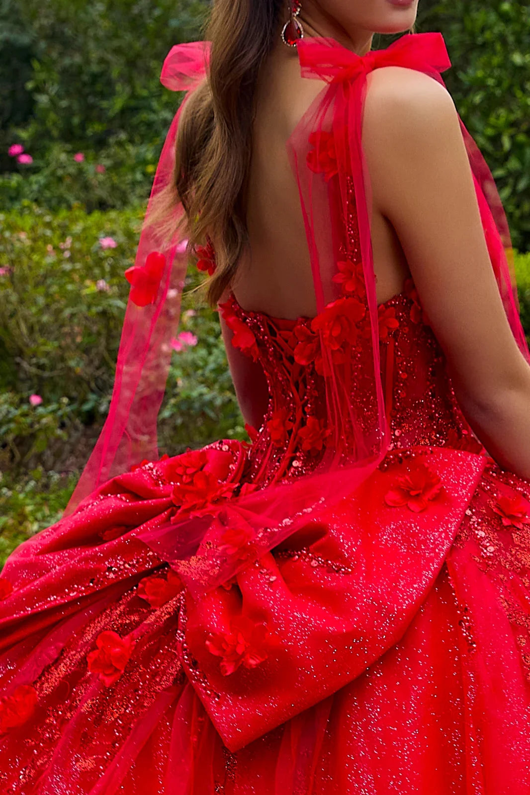 3d flower applique embellished tie shoulder strap dress with detachable back bow GLGL3529