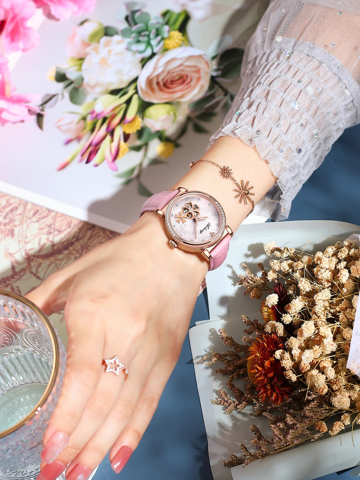 New Luxury Women Watches Automatic Mechanical Leather Wrist Watch Rhinestone Ladies Fashion Bracelet Set Gift Top Brand часы