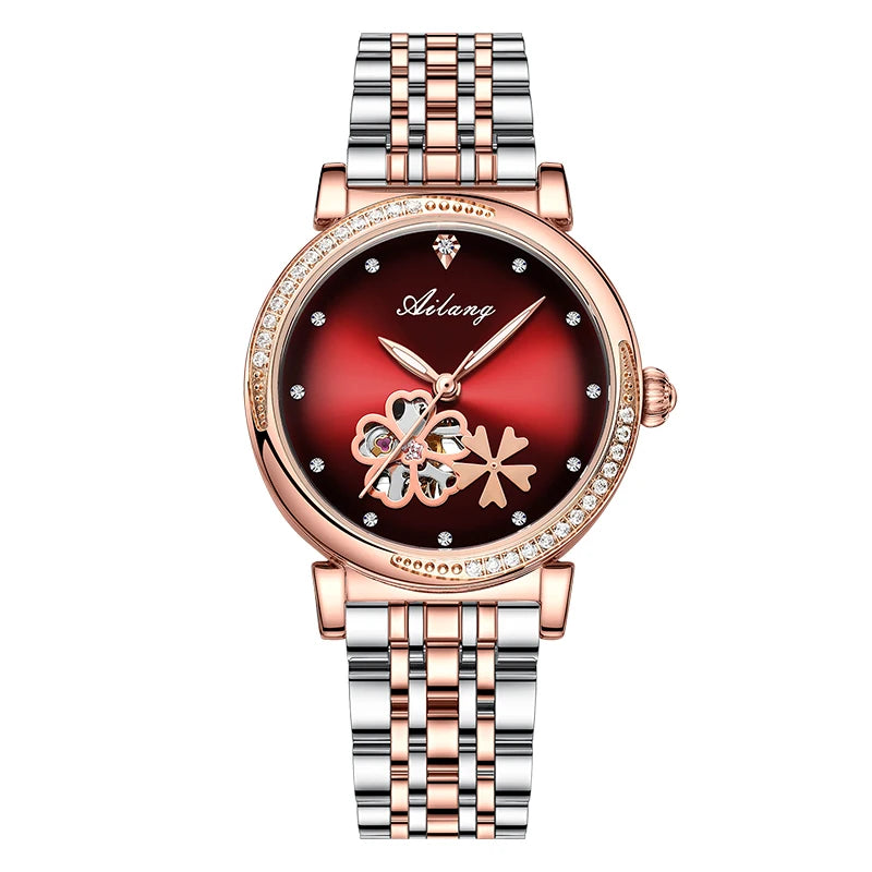 New Luxury Women Watches Automatic Mechanical Leather Wrist Watch Rhinestone Ladies Fashion Bracelet Set Gift Top Brand часы