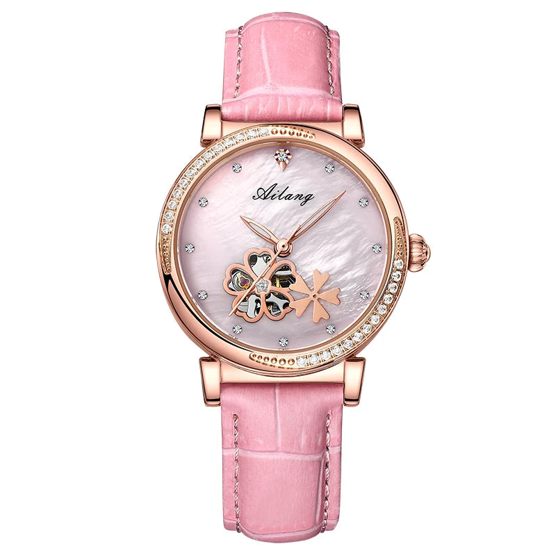 New Luxury Women Watches Automatic Mechanical Leather Wrist Watch Rhinestone Ladies Fashion Bracelet Set Gift Top Brand часы