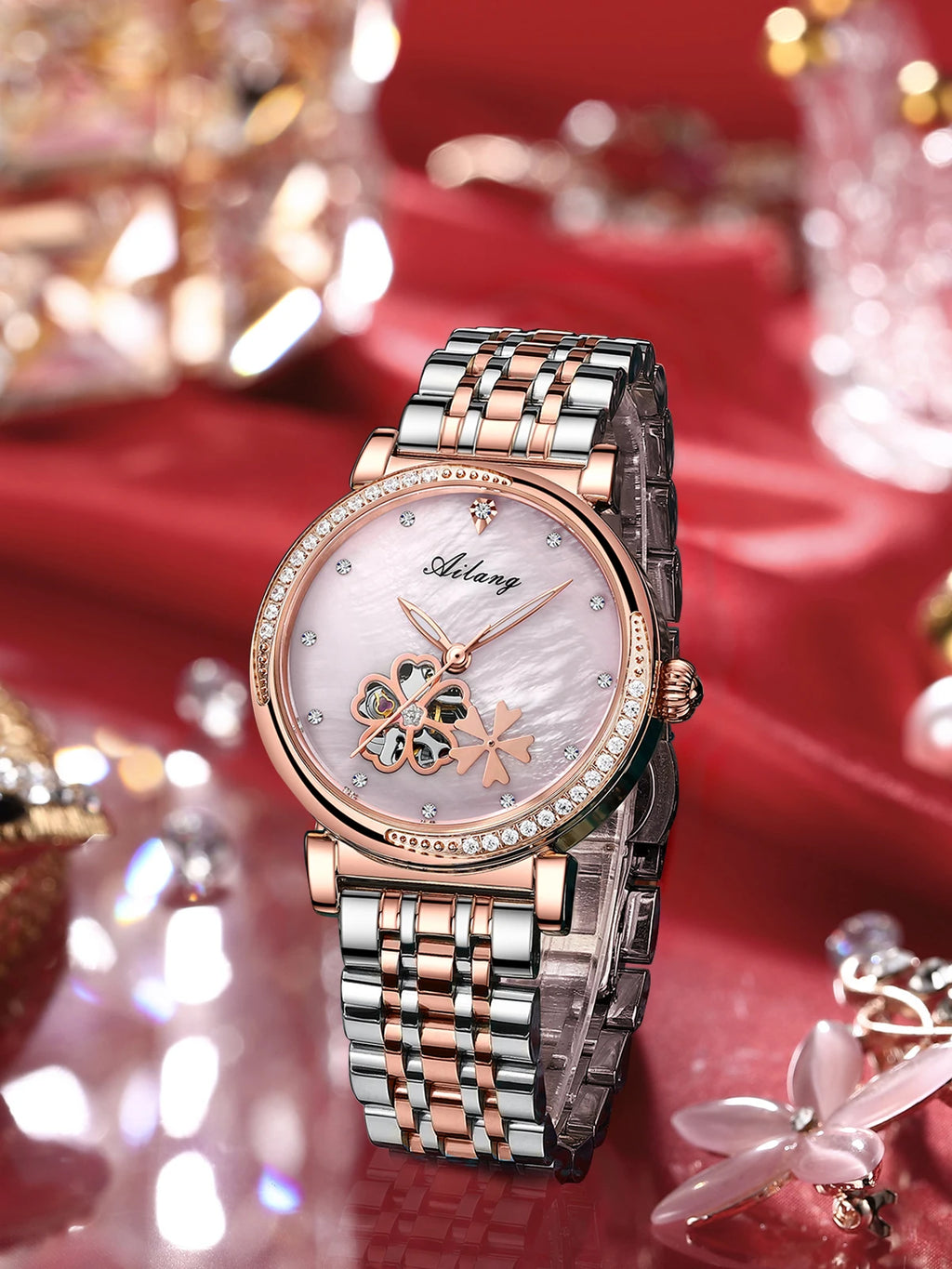 New Luxury Women Watches Automatic Mechanical Leather Wrist Watch Rhinestone Ladies Fashion Bracelet Set Gift Top Brand часы