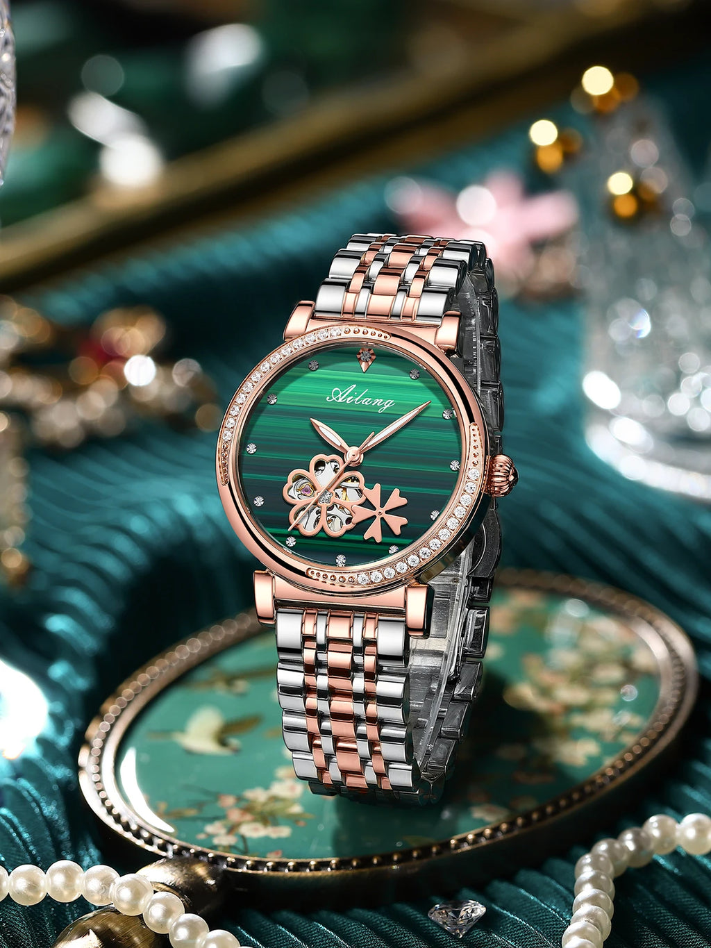 New Luxury Women Watches Automatic Mechanical Leather Wrist Watch Rhinestone Ladies Fashion Bracelet Set Gift Top Brand часы