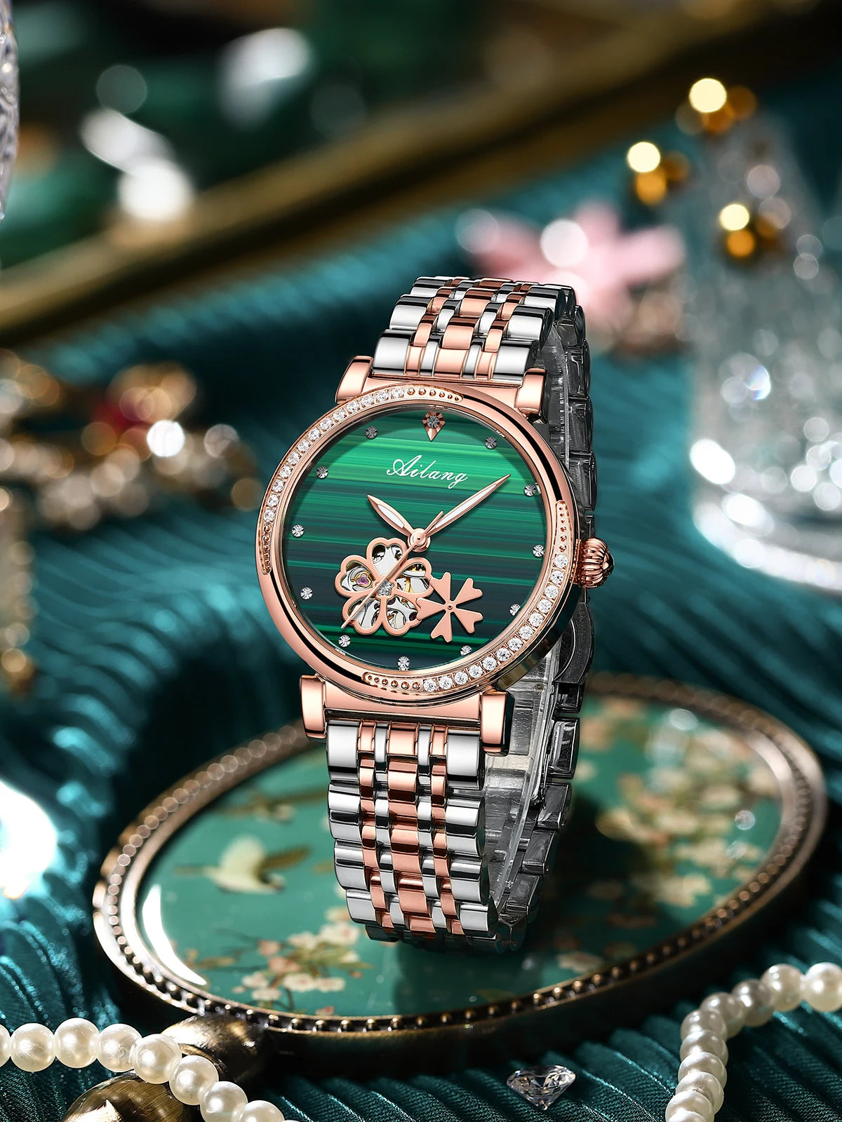 New Luxury Women Watches Automatic Mechanical Leather Wrist Watch Rhinestone Ladies Fashion Bracelet Set Gift Top Brand часы