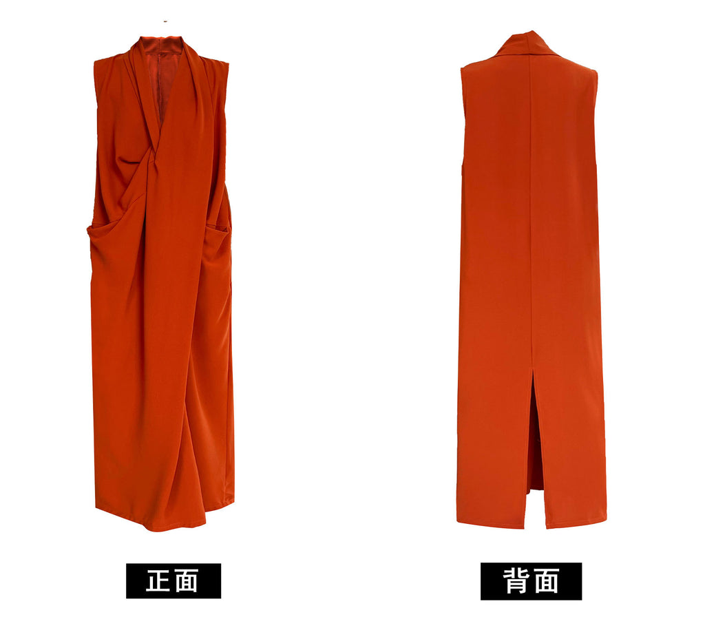Luxi Elegant V-neck Sleeveless Kink Waist dress Women's Slimming Irregular High-end Hong Kong-style Long Skirt 3985