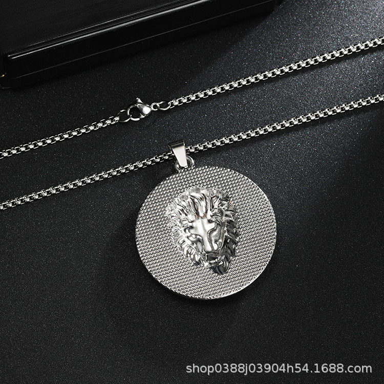 AliExpress Hot Sale Three-Dimensional Diamond Set Disc Lion Head Necklace Trendy Men's Stainless Steel sweater chain Pendant Jewelry