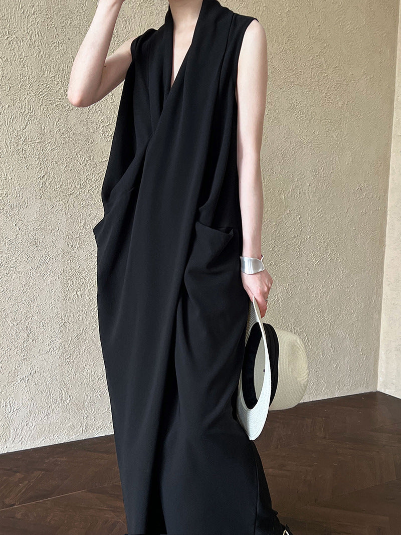 Luxi Elegant V-neck Sleeveless Kink Waist dress Women's Slimming Irregular High-end Hong Kong-style Long Skirt 3985